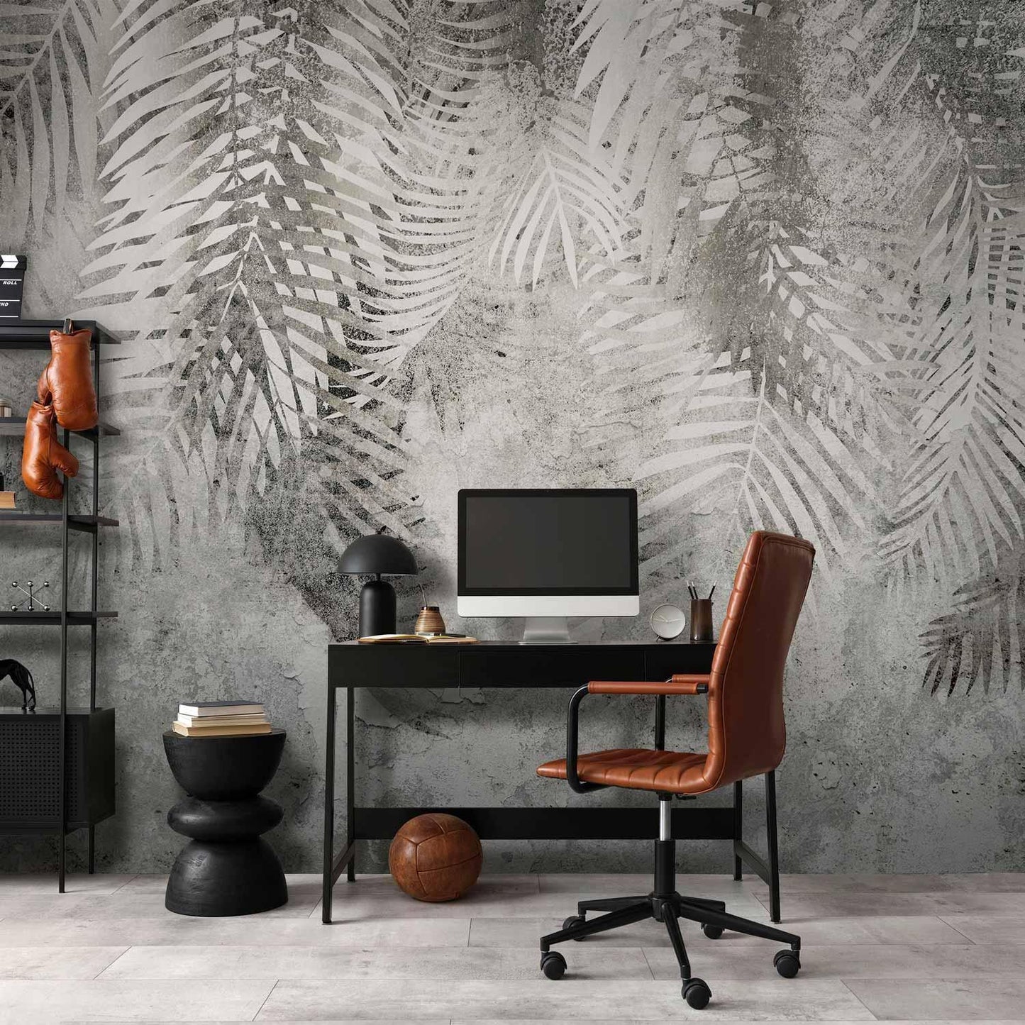 Fototapete - Light and shadow - grey and white composition with floral motif and pattern