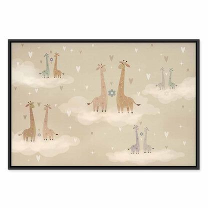 Leinwandbild - Love - Colorful Giraffes Floating on Clouds Among Hearts and Stars