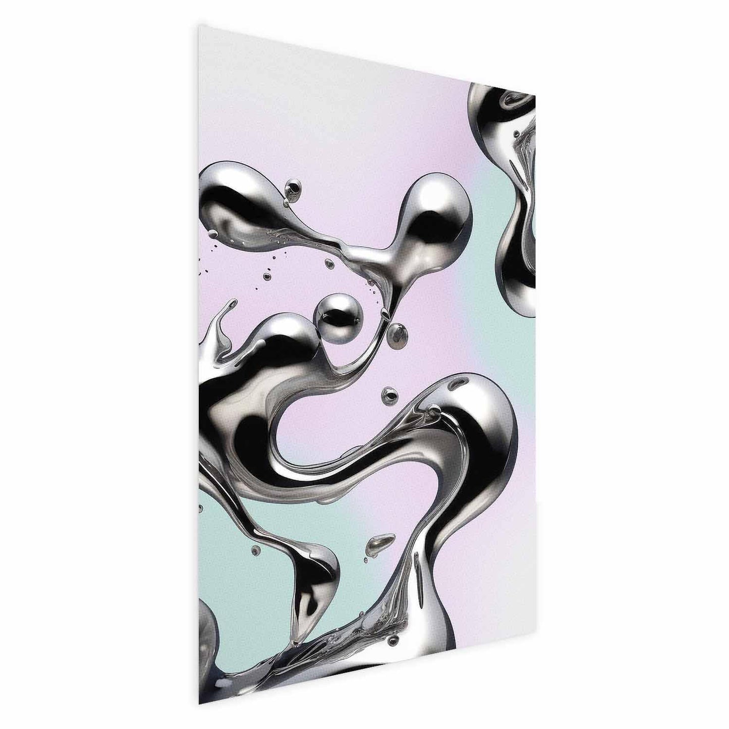 Poster - Metallic Fluidity - abstract silver forms on a mint-purple background