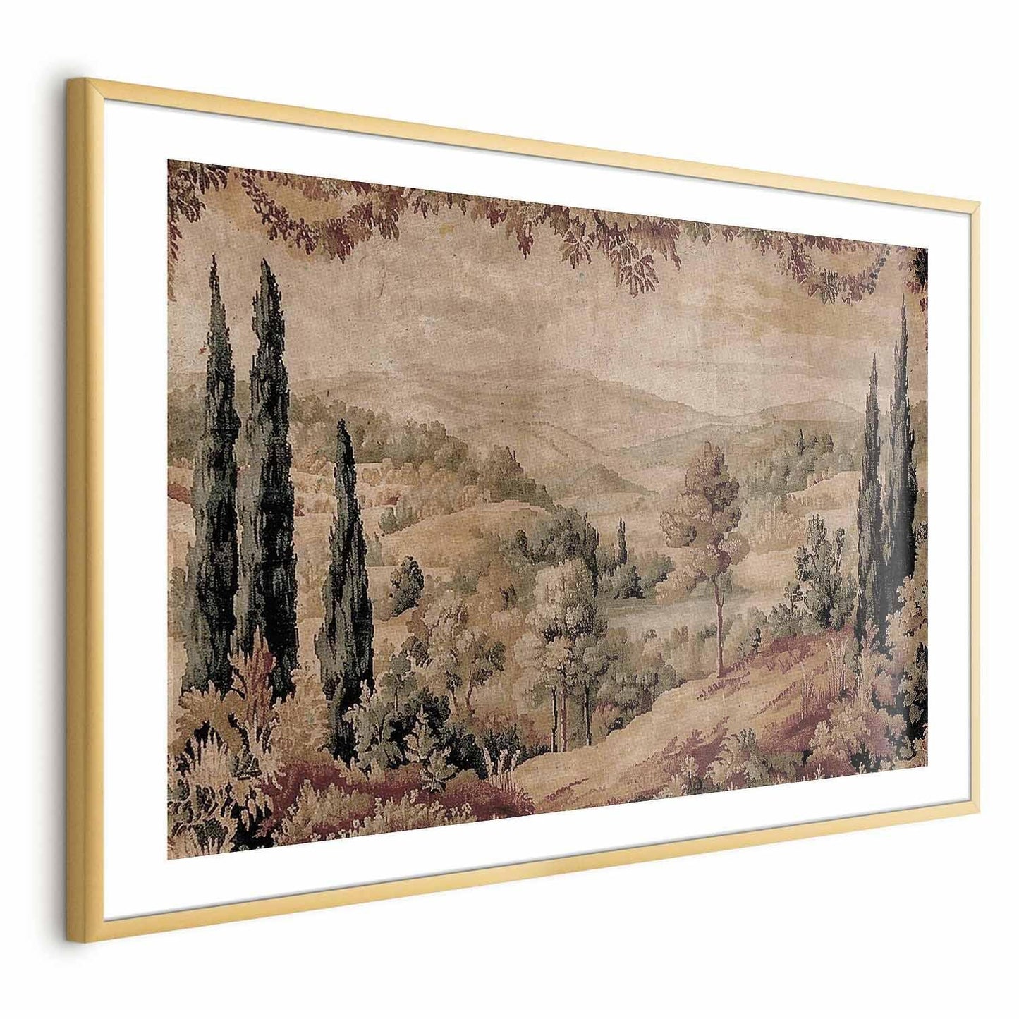Poster - Mediterranean Landscape - Old Tapestry with a Hill and Lake