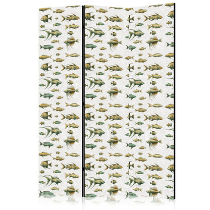 Paravent - Unusual Species of Fish - A Cluster of Fish in Muted Colors in Retro Style on a Background of Beige Strokes
