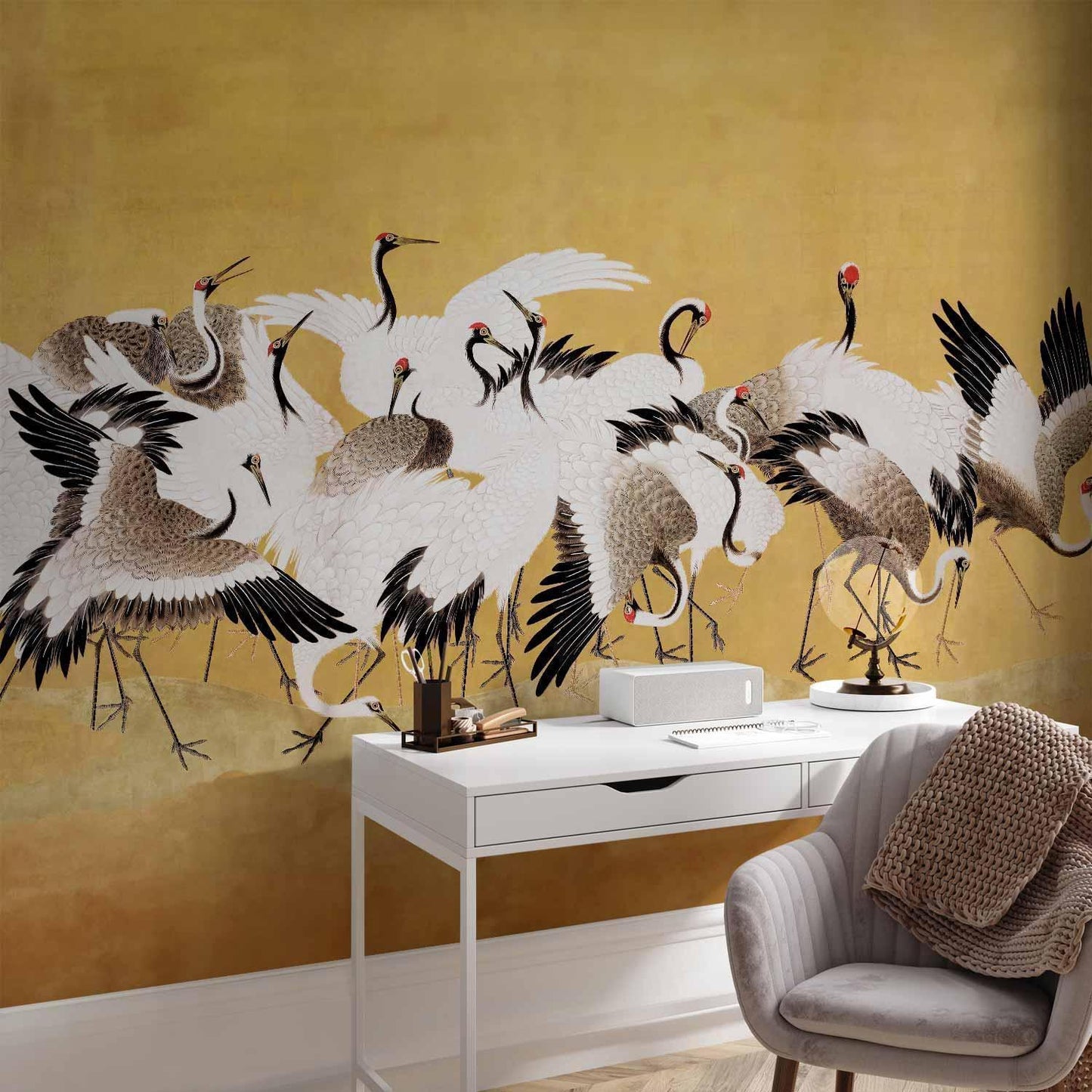 Fototapete - Japanese cranes - a flock of birds against a golden background based on a painting by Ishida Yūtei
