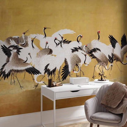 Fototapete - Japanese cranes - a flock of birds against a golden background based on a painting by Ishida Yūtei