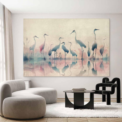 Wandbild XXL - Birds by the lake - herons painted in watercolour in delicate grey and pink colours