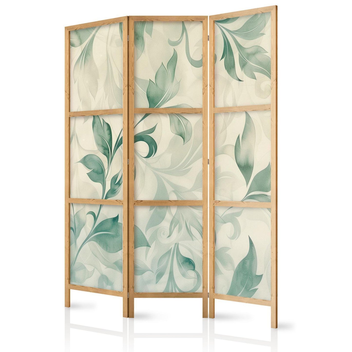 Japanischer Paravent - Watercolor Botanical Motif - Delicate Green-Beige Leaves Artgeist