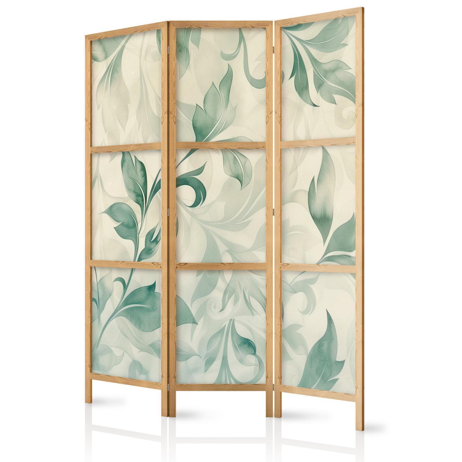 Japanischer Paravent - Watercolor Botanical Motif - Delicate Green-Beige Leaves Artgeist