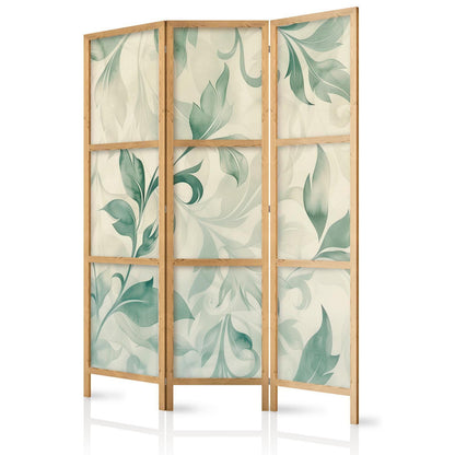 Japanischer Paravent - Watercolor Botanical Motif - Delicate Green-Beige Leaves Artgeist