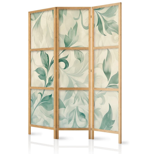 Japanischer Paravent - Watercolor Botanical Motif - Delicate Green-Beige Leaves Artgeist
