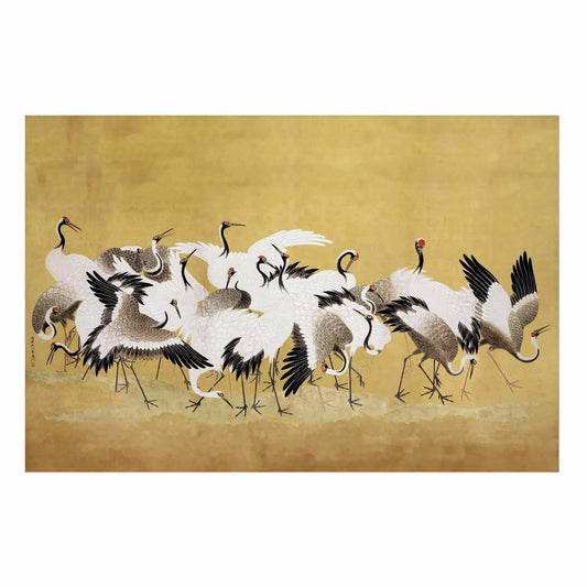 Poster - Japanese Cranes - a flock of birds against a golden background based on the painting of Ishida Yūtei
