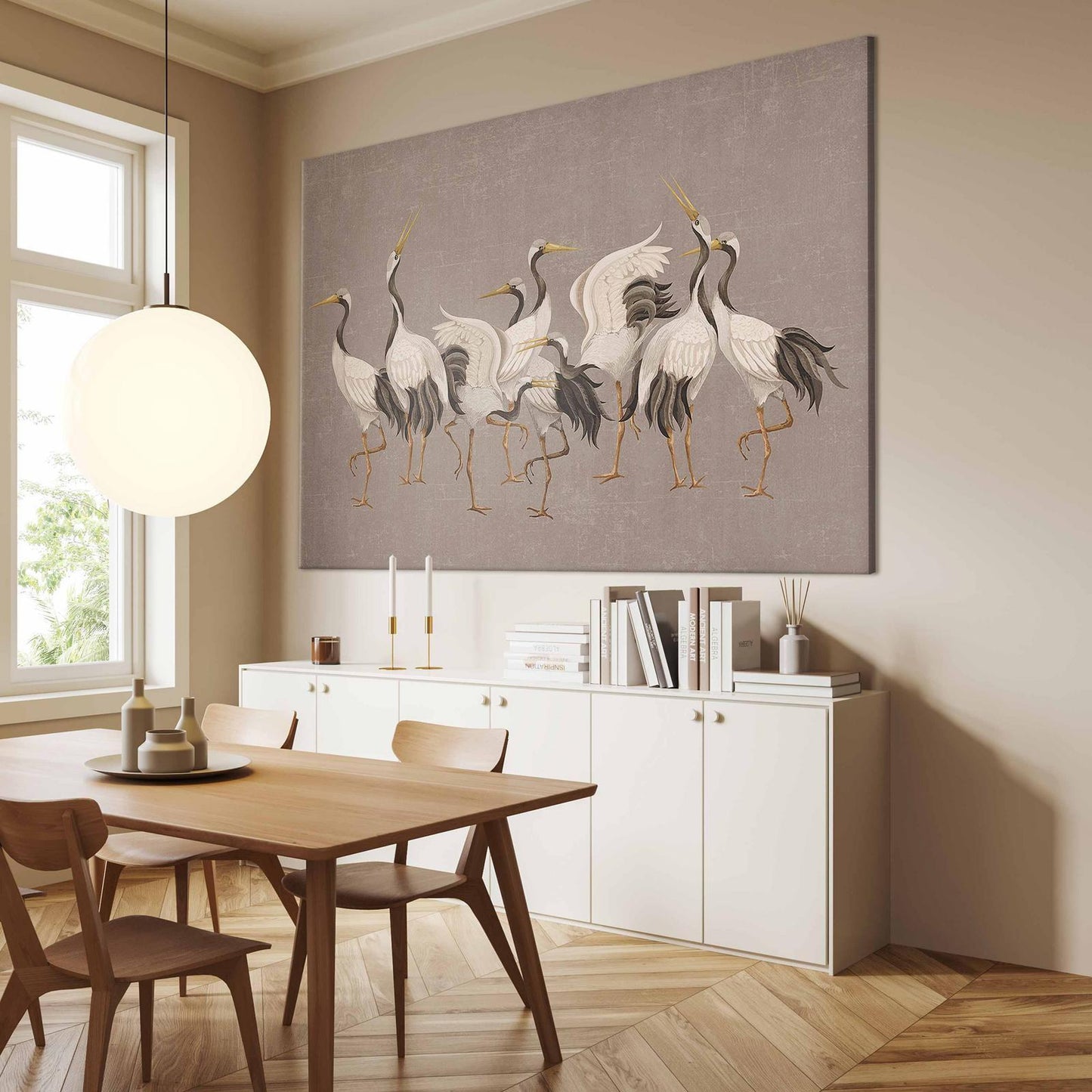 Wandbild XXL - Crane dance – bright silhouettes of birds against a warm grey background with texture