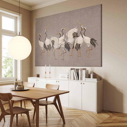 Wandbild XXL - Crane dance – bright silhouettes of birds against a warm grey background with texture