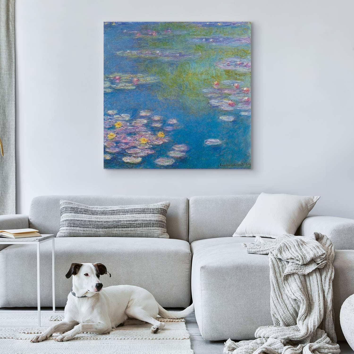 Canvas painting of water lilies in Giverny hanging in a modern living room.