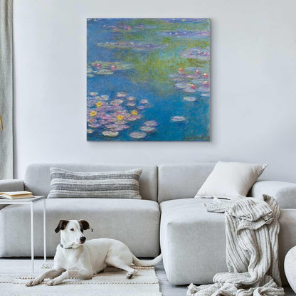 Canvas painting of water lilies in Giverny hanging in a modern living room.