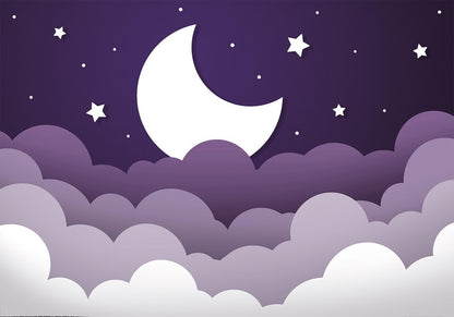 Fototapete - Moon dream - clouds in a purple sky with stars for children Artgeist