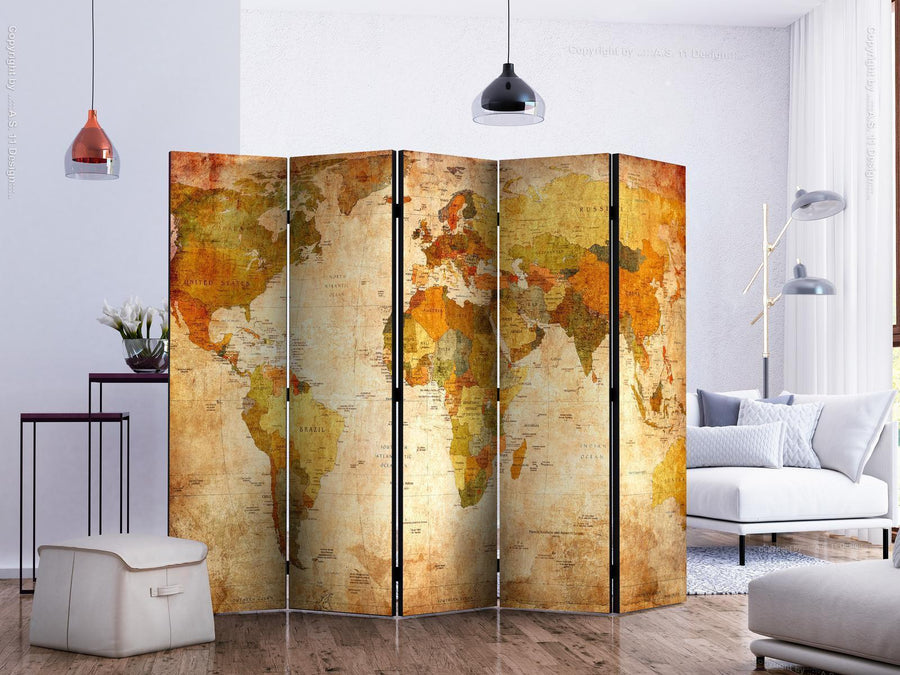 Room divider with world map design, titled 