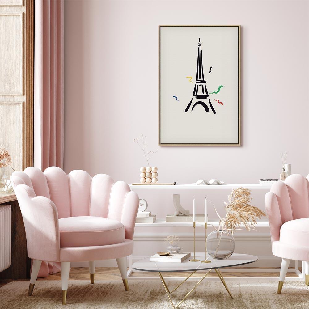 Leinwandbild - Black Graphic Drawing of the Eiffel Tower on a Cream Background