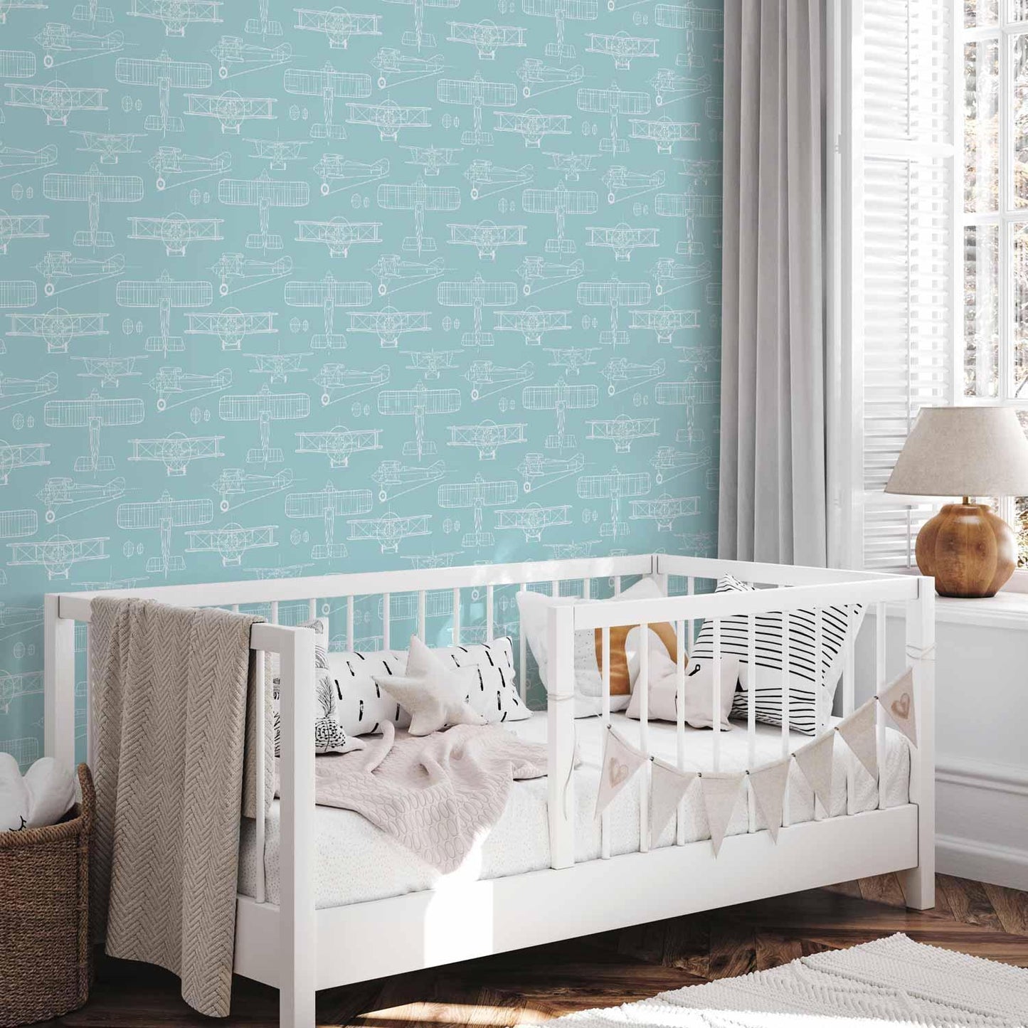 Tapete - Sketch - Outline of an airplane in white on a turquoise background