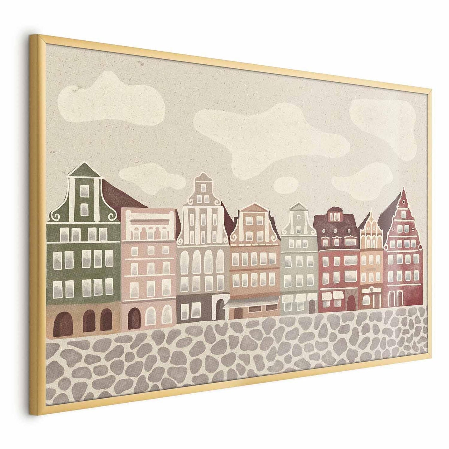 Poster featuring colorful facades of historic Wrocław tenement houses against a sky and cobblestone street.