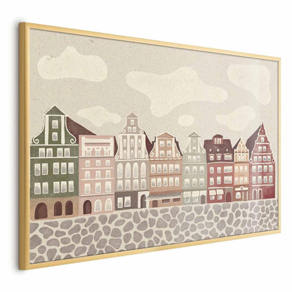 Poster featuring colorful facades of historic Wrocław tenement houses against a sky and cobblestone street.