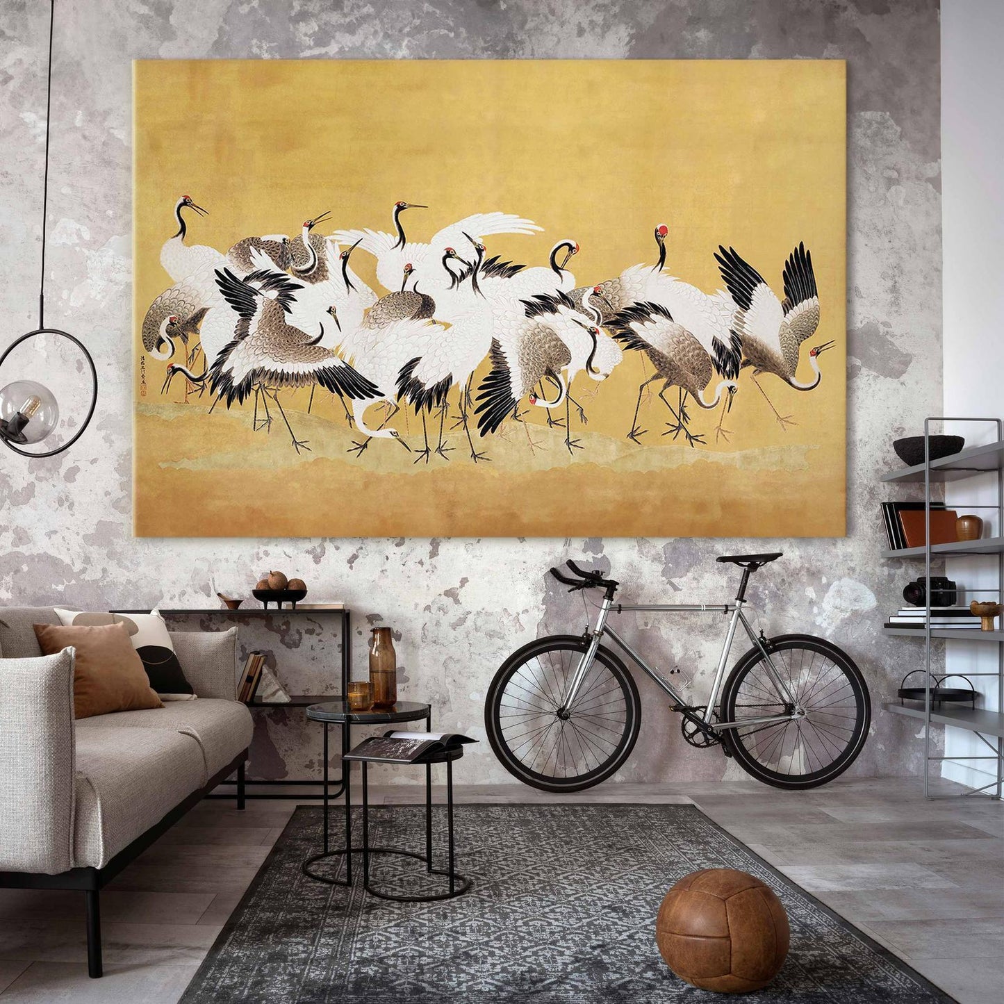 Wandbild XXL - Japanese cranes - a flock of birds against a golden background based on a painting by Ishida Yūtei
