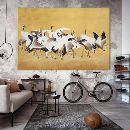 Wandbild XXL - Japanese cranes - a flock of birds against a golden background based on a painting by Ishida Yūtei