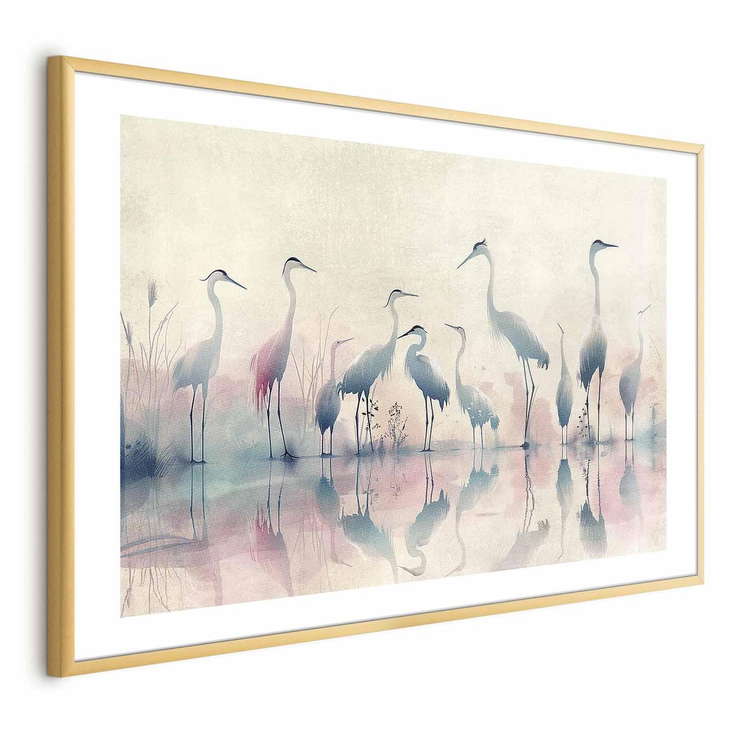 Watercolor herons by the lake poster in gray-pink palette.