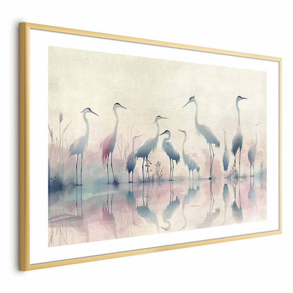 Watercolor herons by the lake poster in gray-pink palette.