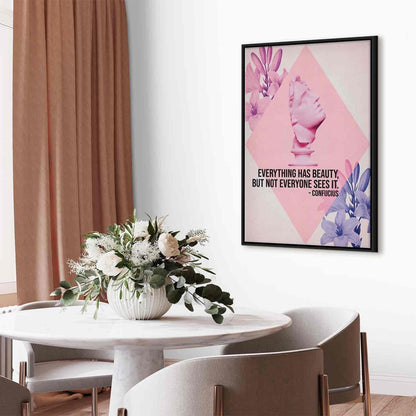 Leinwandbild - Beauty in the Eyes - Inspirational Quote with Pink Bust and Flowers