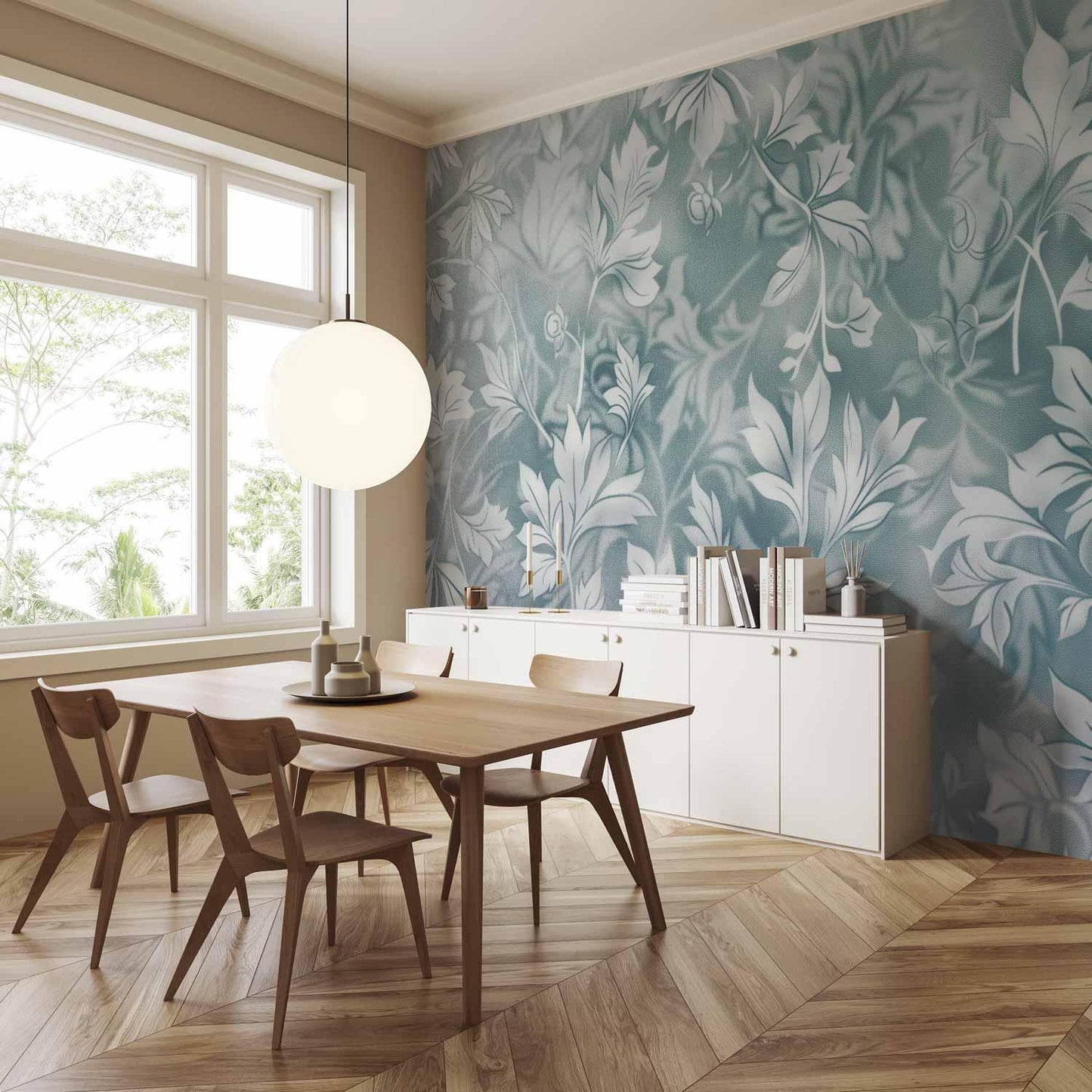 Fototapete - Ornaments in Worn Muted Turquoises: Delicate Plant Pattern