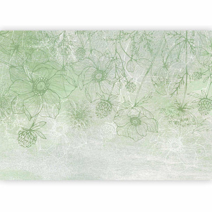Fototapete - Flowery meadow - nature with field flowers lineart on green background
