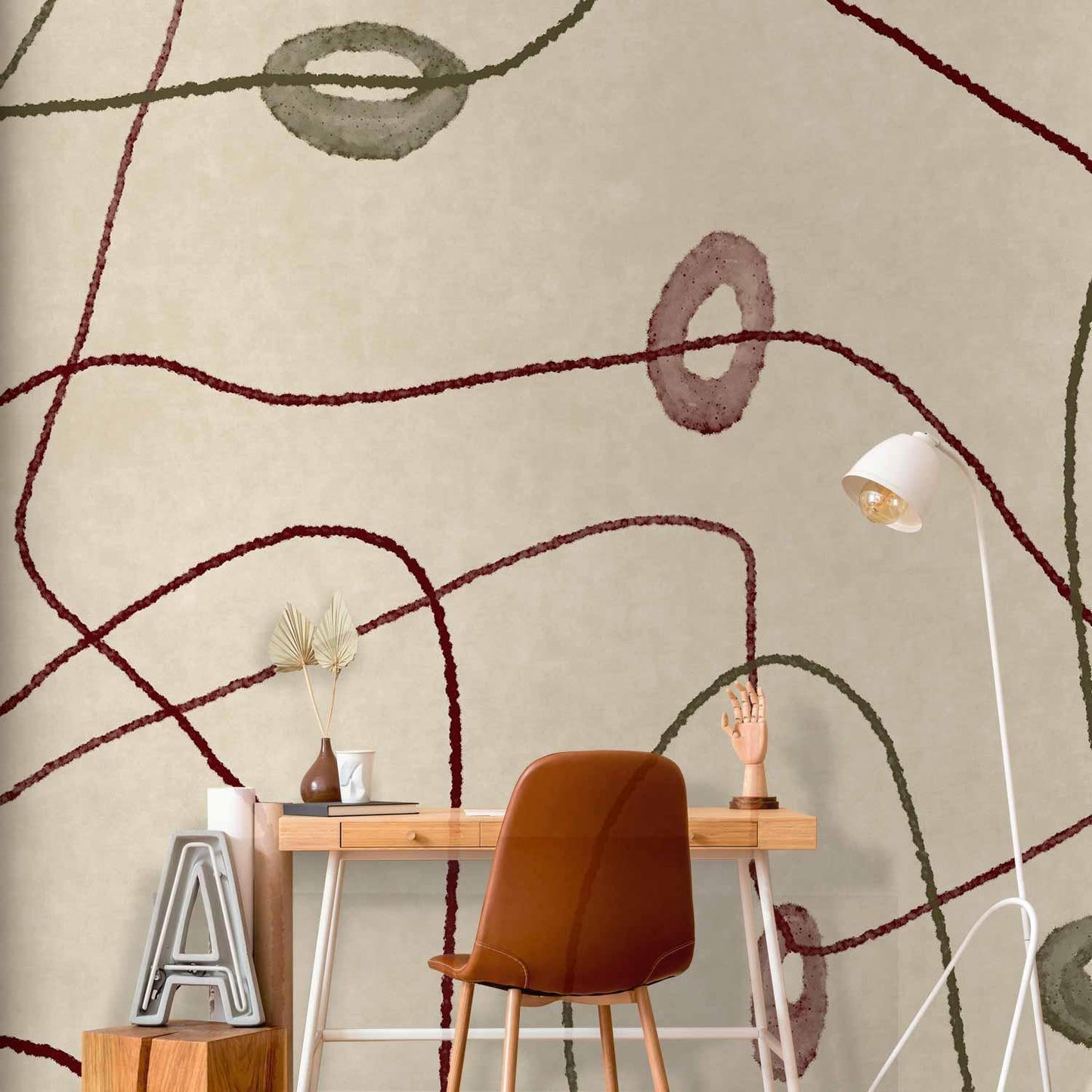 Fototapete - Lines and shapes – bead labyrinth on a pale washed background