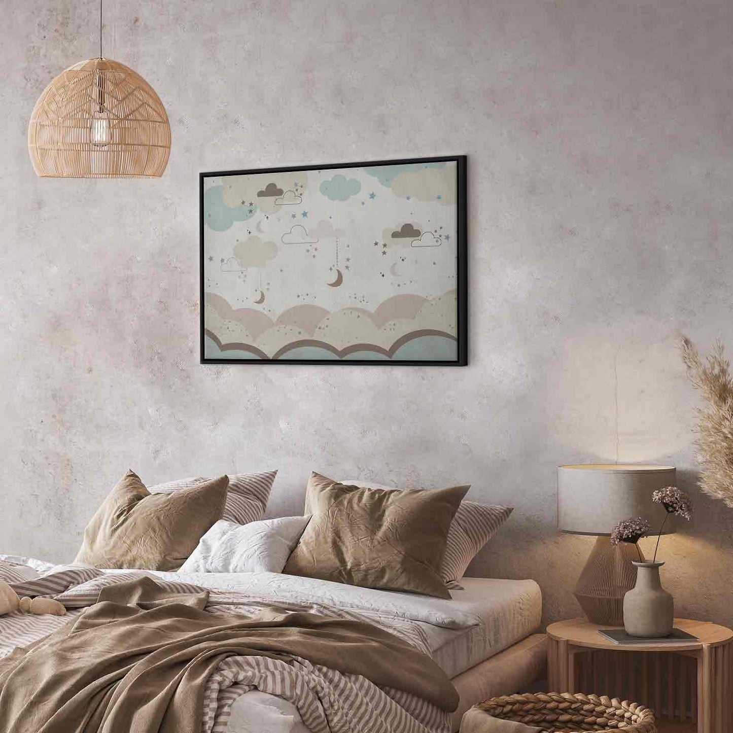 Leinwandbild - Cloudy Night Sky - Moons in Brown and Beige Hues Among Clouds and Numerous Little Stars on a Light Background