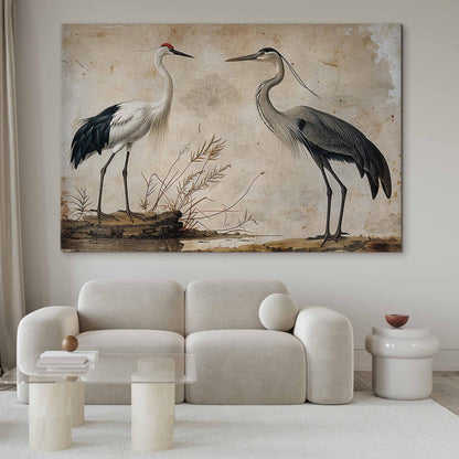 Wandbild XXL - Birds from an old engraving - vintage-style illustration depicting a heron and a crane