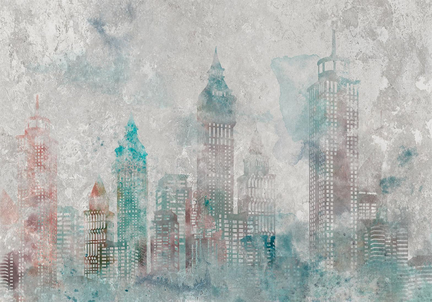 Fototapete Aquarell Stadt – Moderne Skyline in Pastell