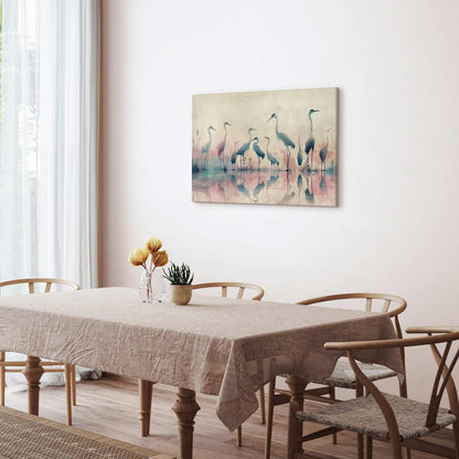 Leinwandbild - Birds by the lake - herons painted in watercolour in delicate grey and pink colours