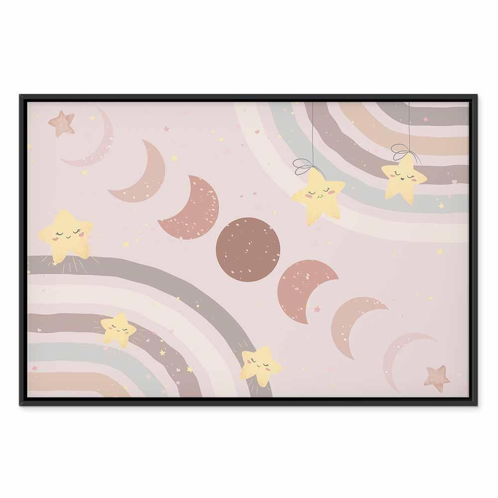 Leinwandbild - Joyful Sky - Yellow Cheerful Stars with a Rainbow Against the Phases of the Moon in a Light Beige Sky Hue