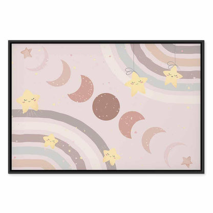 Leinwandbild - Joyful Sky - Yellow Cheerful Stars with a Rainbow Against the Phases of the Moon in a Light Beige Sky Hue