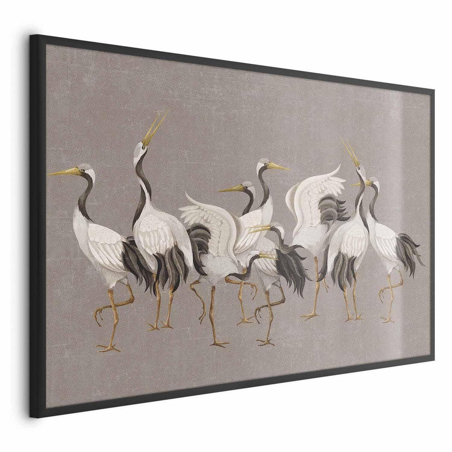 Poster - Crane Dance - light bird silhouettes on a warm-gray textured background Artgeist