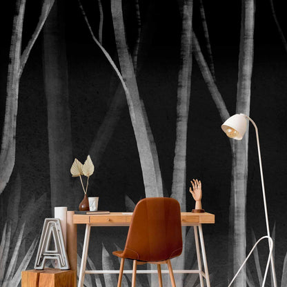 Fototapete - Noise of the forest at night - minimalist landscape of white trees on a black background