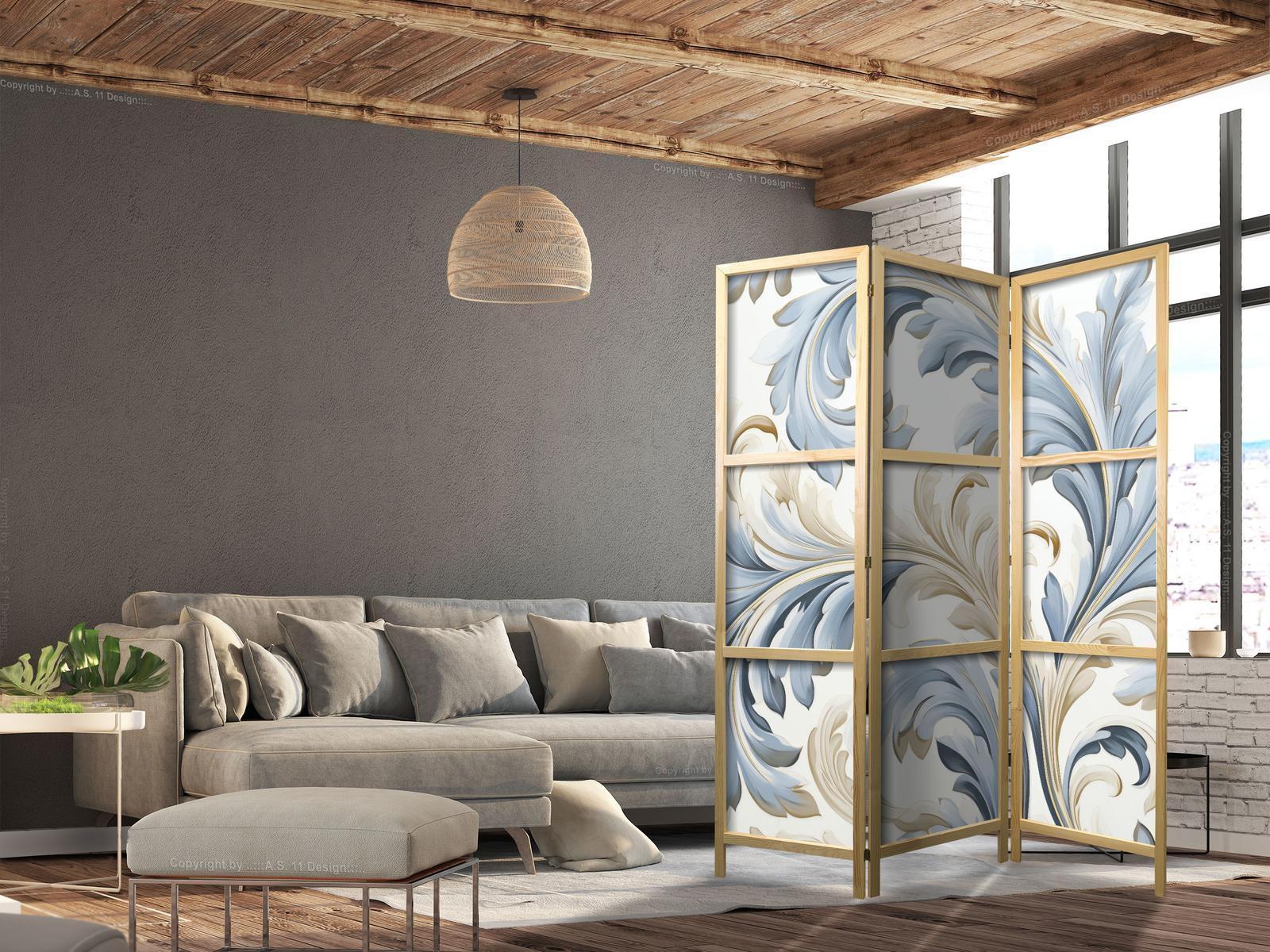 Japanischer Paravent - Baroque Ornaments in Light - Cream-Blue Colors Artgeist