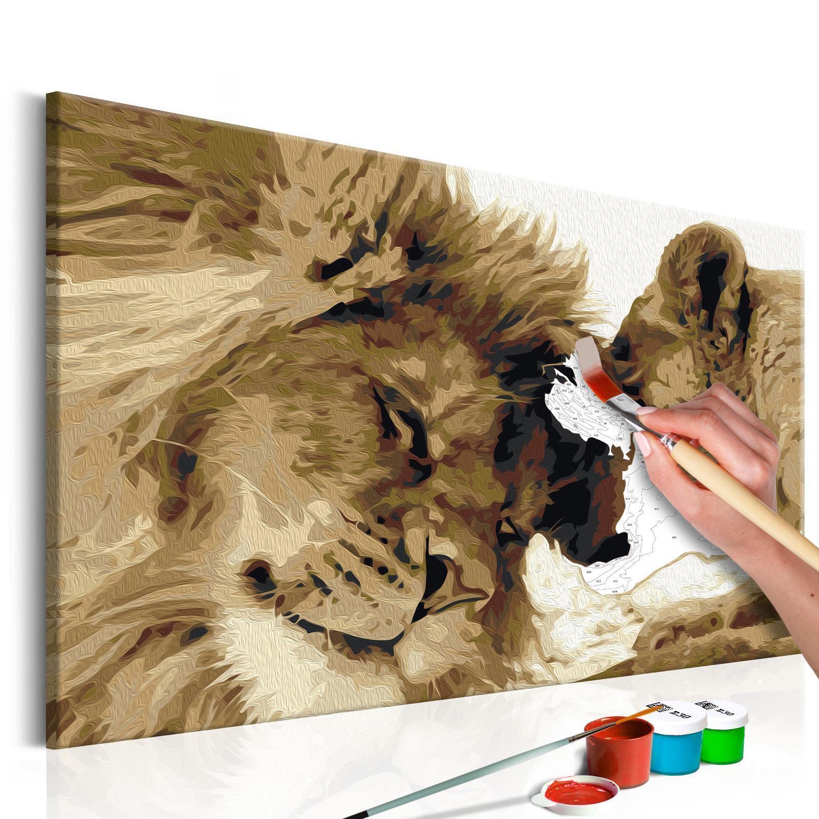 Wandbild zum Ausmalen Lions In Love - Romantisches Löwenpaar Malen nach Zahlen Set mit Leinwand, Farben und Pinseln