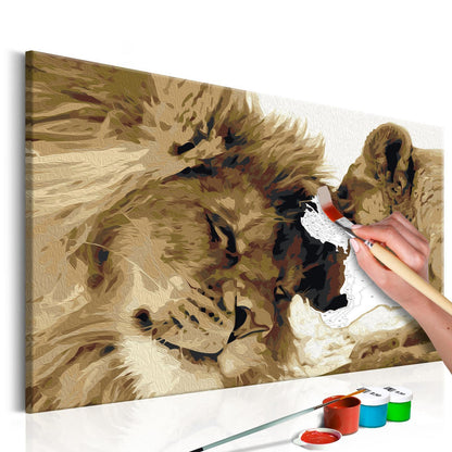 Wandbild zum Ausmalen Lions In Love - Romantisches Löwenpaar Malen nach Zahlen Set mit Leinwand, Farben und Pinseln