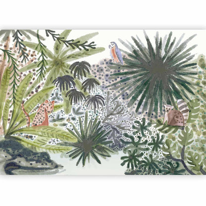 Fototapete - Flora von Madagaskar - Tropische Landschaft mit exotischen Aquarell-Tieren
