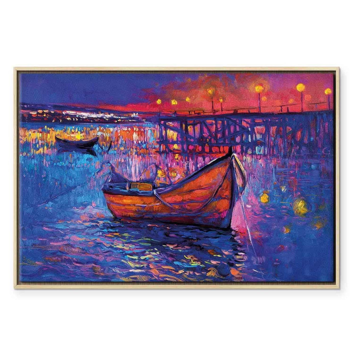 Leinwandbild - Modern impressionism - night landscape of a lake with a floating boat