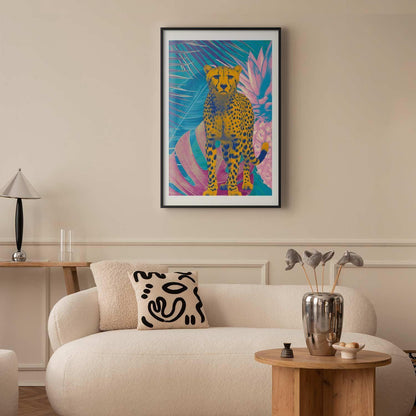 Poster - Exotic Leopard - colorful portrait of a cheetah against tropical leaves