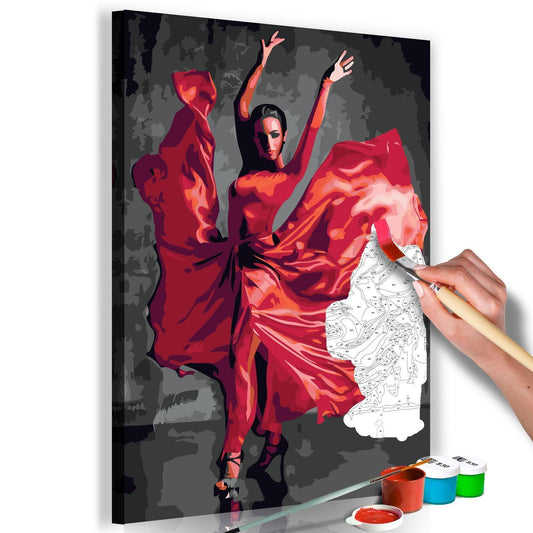 Wandbild zum Ausmalen Die Kraft des Tanzes - Hauptmotiv mit tanzender Frau im roten Kleid