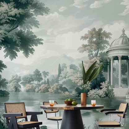 Fototapete - View of the Park and Lake Retro Vintage Landscape in Greens Artgeist
