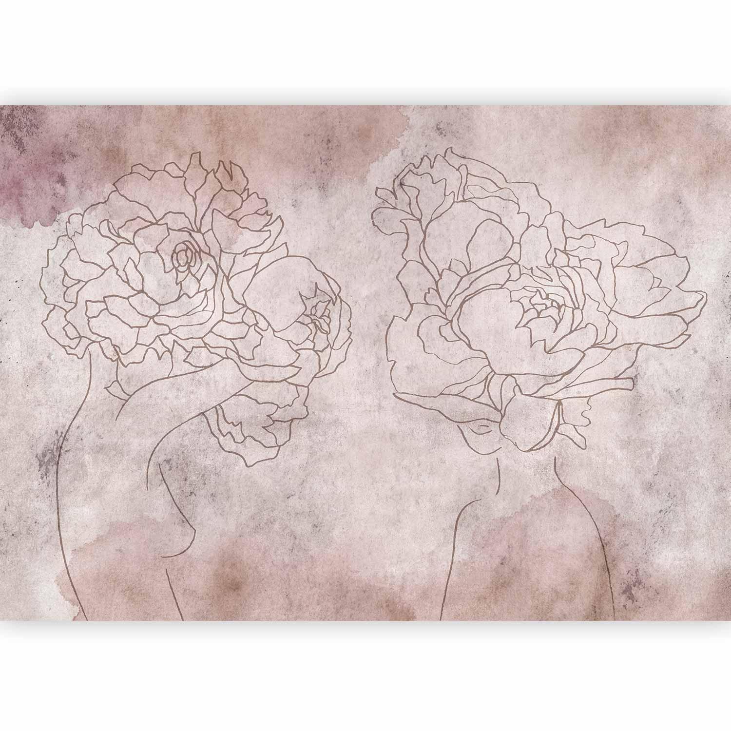 Fototapete - Floristic abstraction - lineart style silhouettes of people with flowers Artgeist
