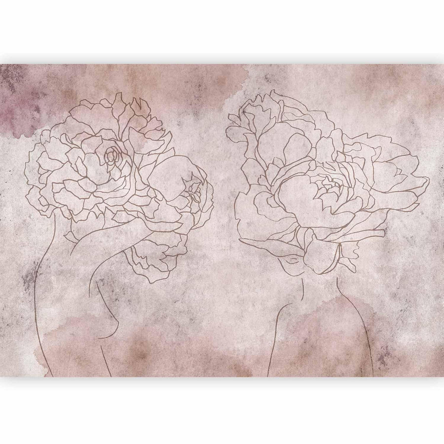 Fototapete - Floristic abstraction - lineart style silhouettes of people with flowers Artgeist