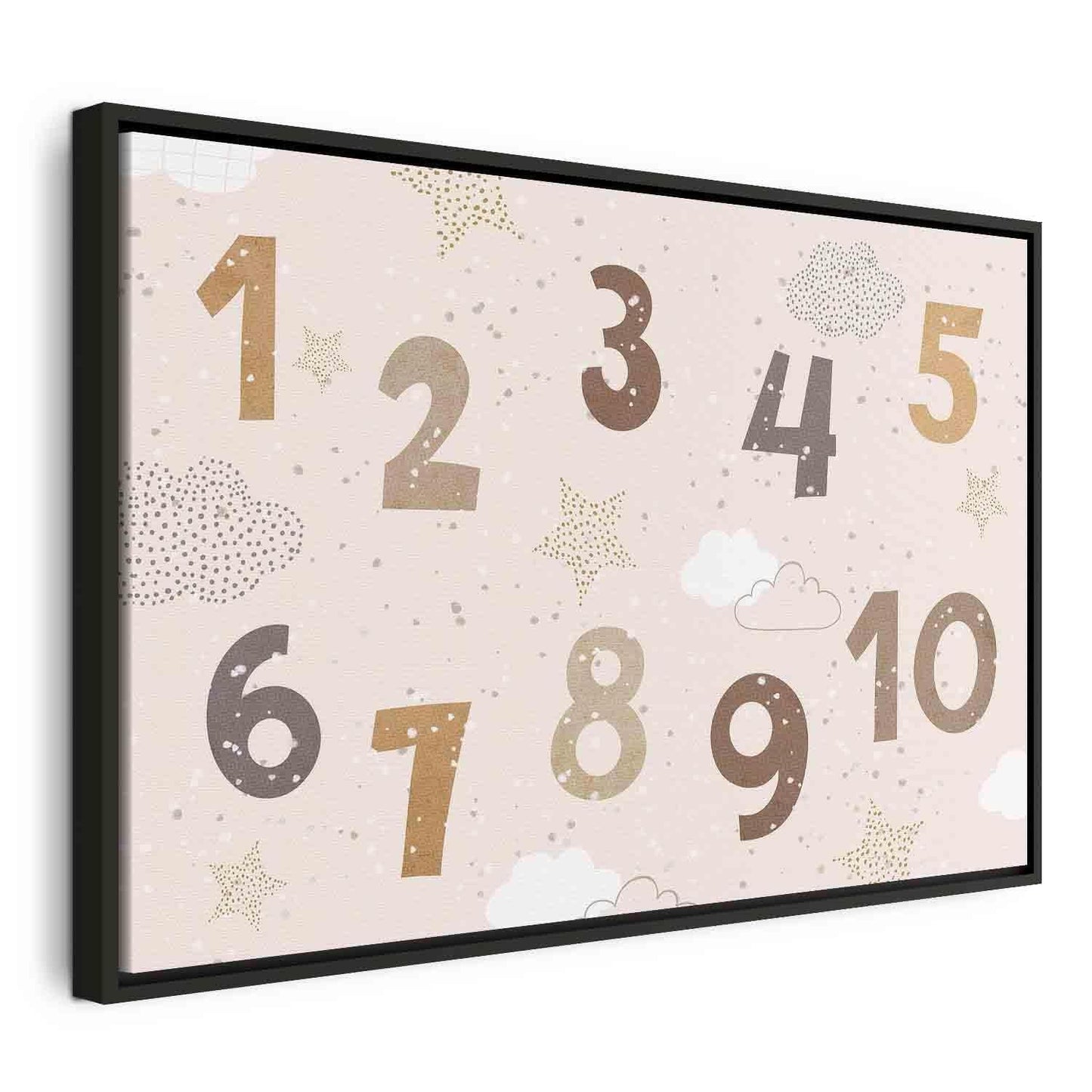 Leinwandbild - Jumping Numbers - Numbers in a Subdued Beige-Brown Hue Among Snowflakes Stars and Clouds Artgeist